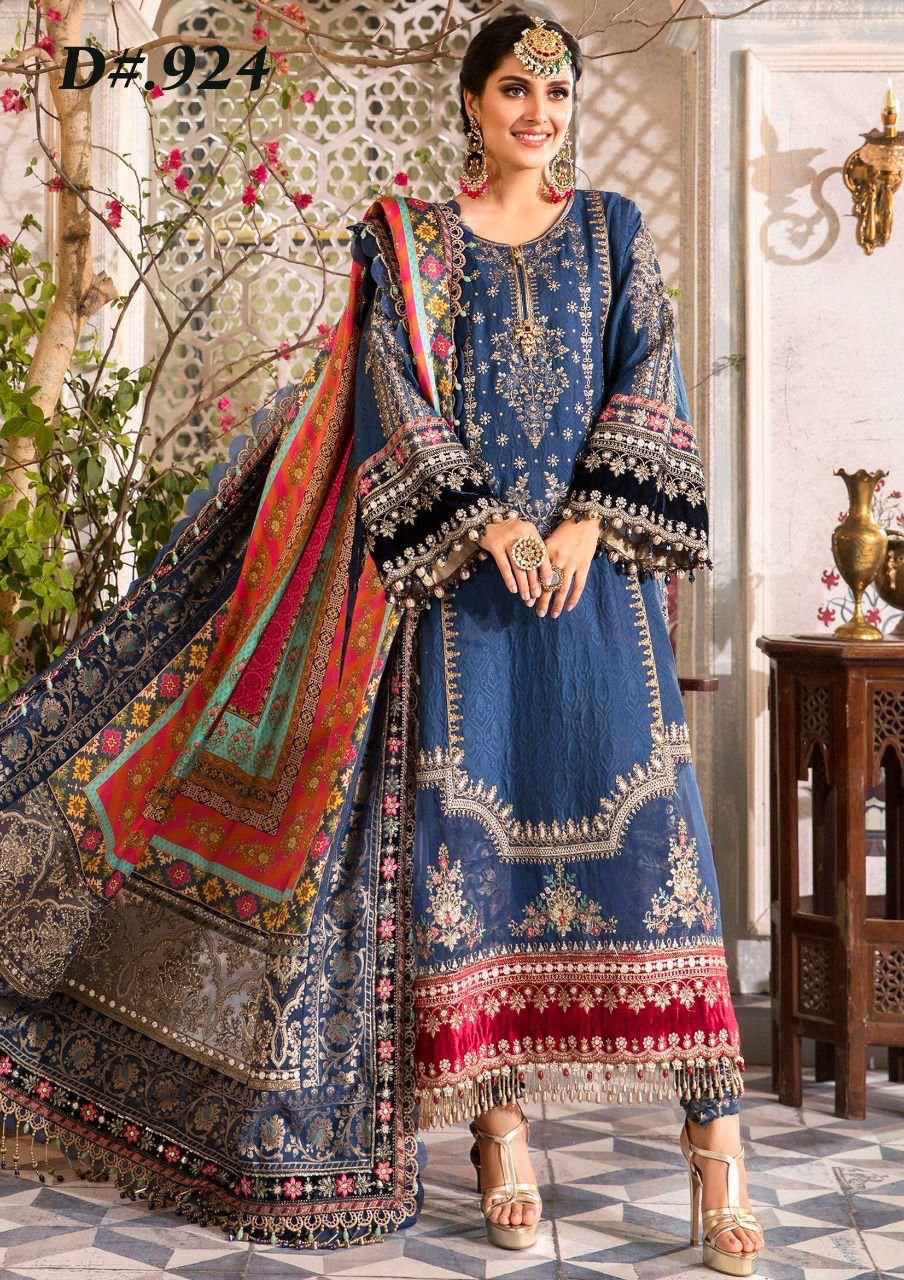 MARIA B – Chiffon Embroidered 3-Piece Suit (BLUE)