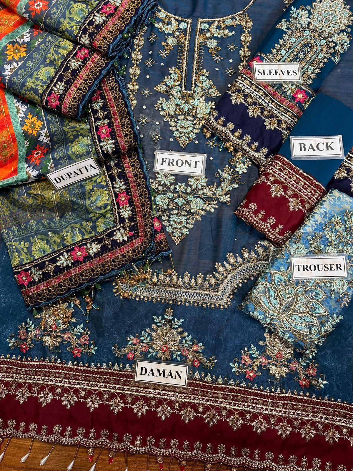 MARIA B – Chiffon Embroidered 3-Piece Suit (BLUE)