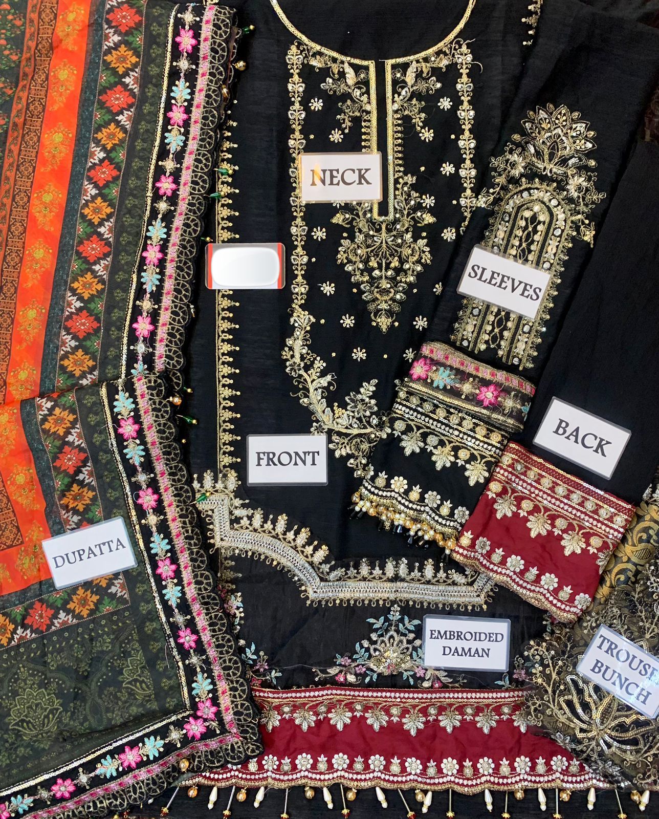 MARIA B – Chiffon Embroidered 3-Piece Suit ( BLACK)