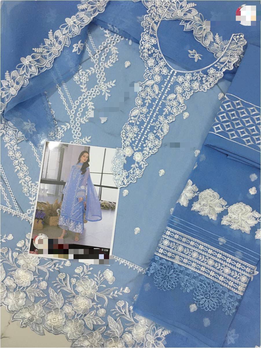 Azure Organza Suit with Thread & Sequins Embroidery